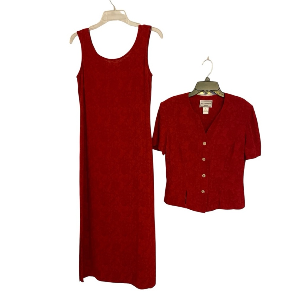 Karin Stevens set of Red Sleeveless maxi Dress and Jacket, size 4P. Vintage